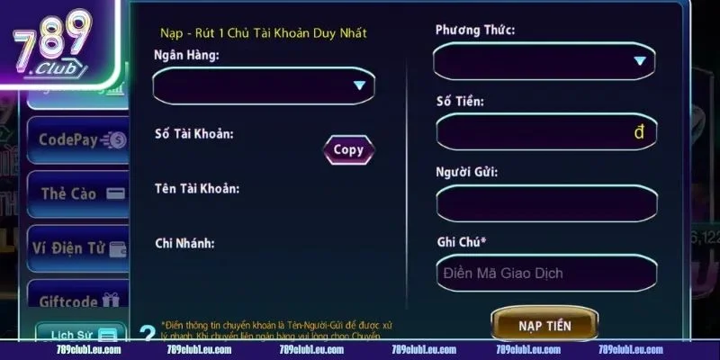 Quy trình nạp tiền 789CLUB hiện cho phép thực hiện đa phương thức.